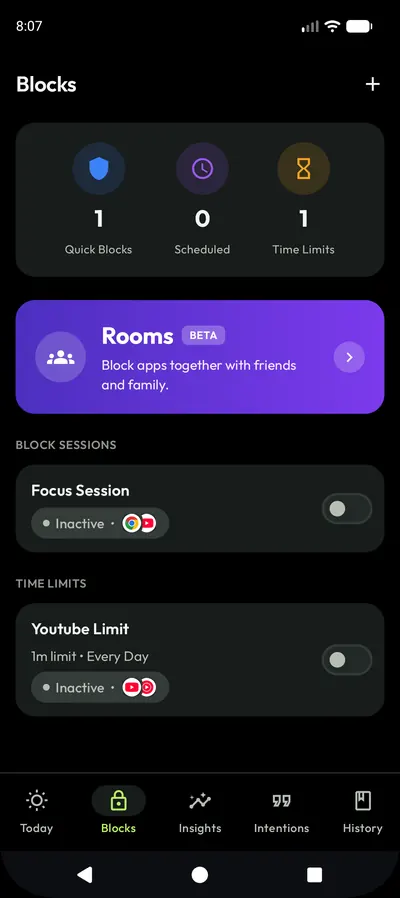 Blocks screen with quick blocks, a focus session, a YouTube time limit, and Rooms beta