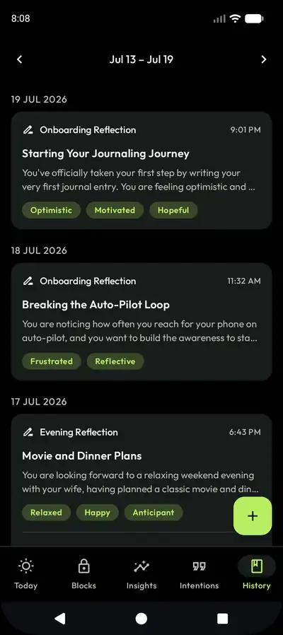 History screen with AI journal reflections and mood tags