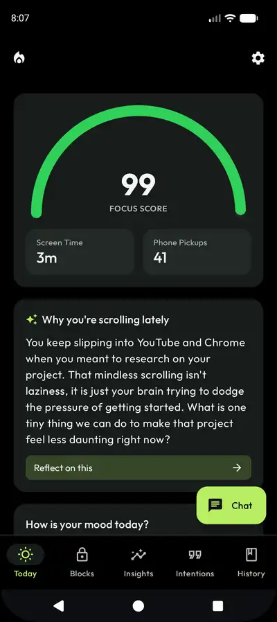 Mindless Today screen showing a focus score of 99, screen time, and phone pickups